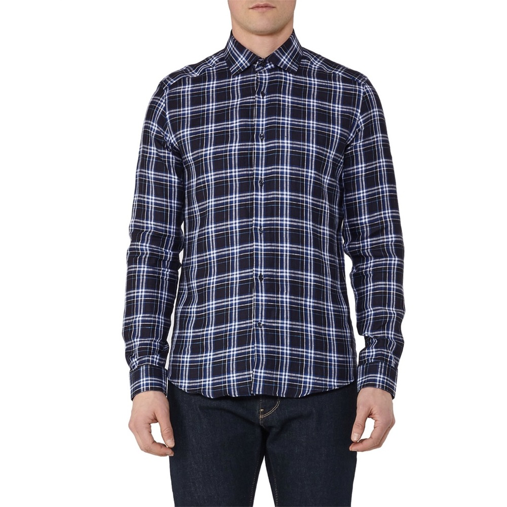 REISS Carzola-LS Linen Check Shirt in Midnight XS